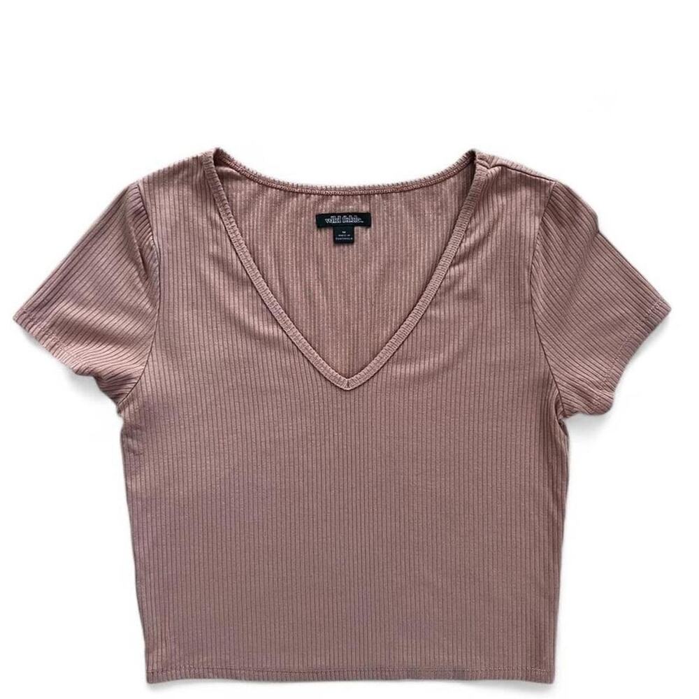 Wild Fable Ribbed V Neck Crop Top Taupe Fitted Minimalist Everyday Women’s M